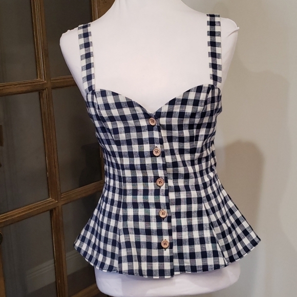 THE Brasila Peplum Style Top In Navy Check NWT - Picture 3 of 8